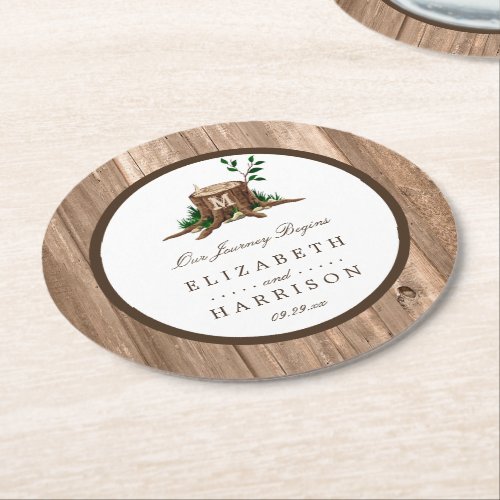 Country Rustic Monogram Tree  Wood Wedding Round Paper Coaster