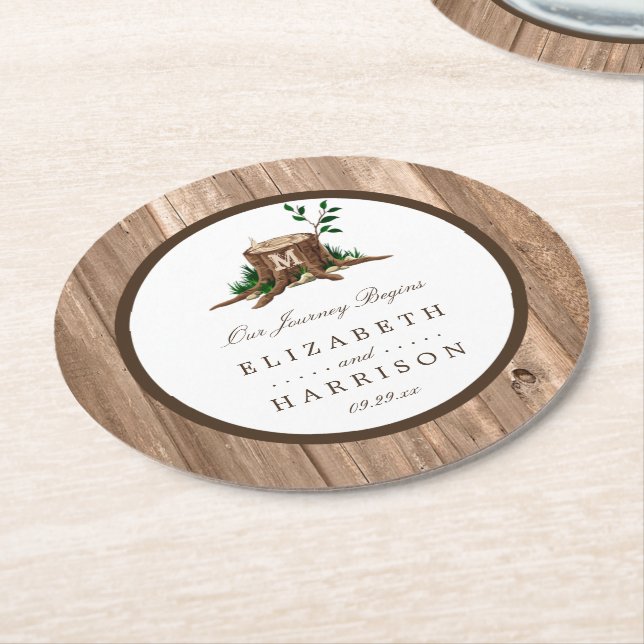 Country Rustic Monogram Tree & Wood Wedding Round Paper Coaster (Angled)