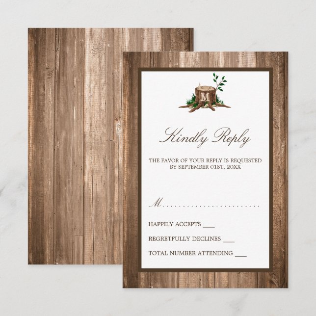 Country Rustic Monogram Tree & Wood Wedding RSVP Card (Front/Back)