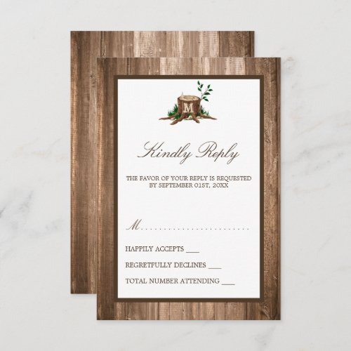 Country Rustic Monogram Tree  Wood Wedding RSVP Card