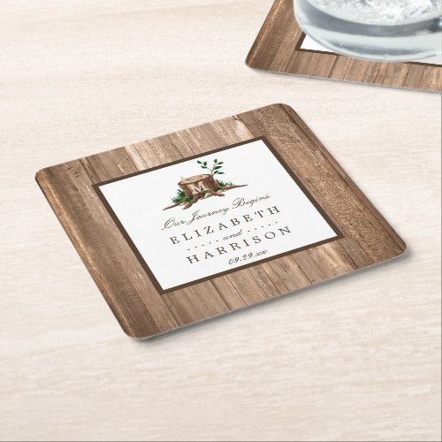 Country Rustic Monogram Tree  Wood Wedding Square Paper Coaster