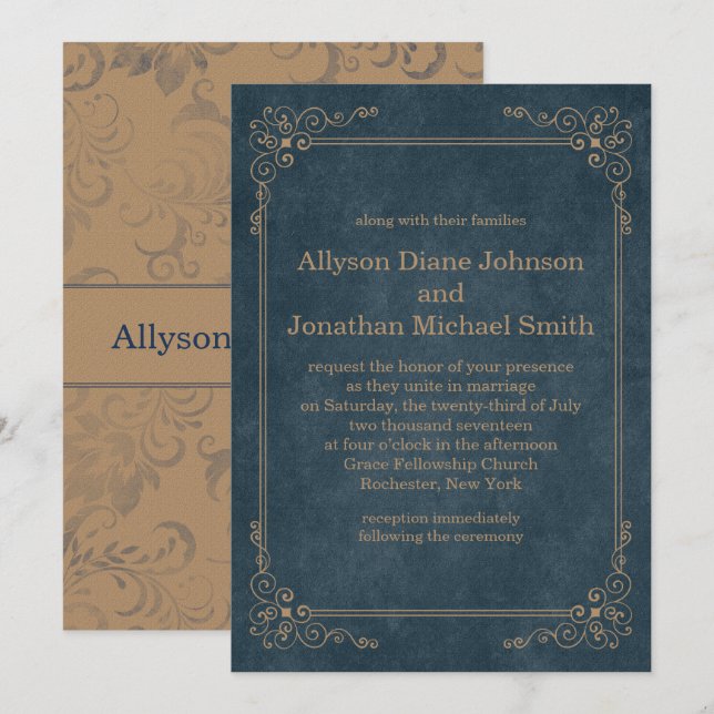 Country Rustic Navy Blue Tan Chalkboard Wedding | Invitation (Front/Back)