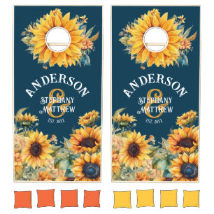 Country Rustic Navy Sunflower Custom Wedding Gift Cornhole Set