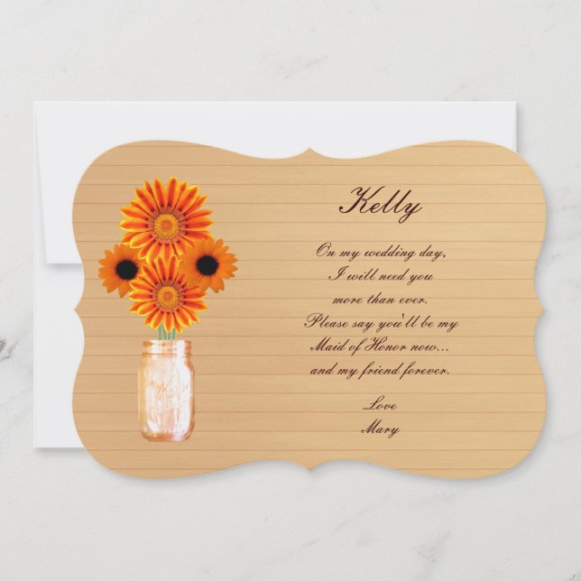 Country Rustic Orange Mason Jar Maid Of Honor Card (Front)