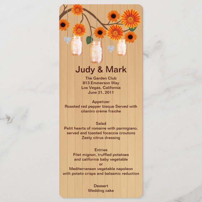 Country Rustic Orange Mason Jars Wedding Menu Card (Front)
