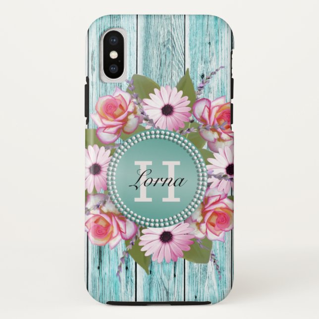 Country Rustic PInk Flora Barn Wood Monogram Case-Mate iPhone Case (Back)