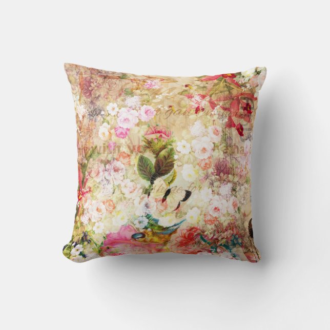 Country rustic pink floral collage typography throw pillow (Front)