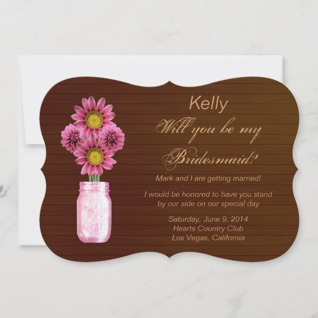 Country Rustic Pink Mason Jar Bridesmaid Card (Front)