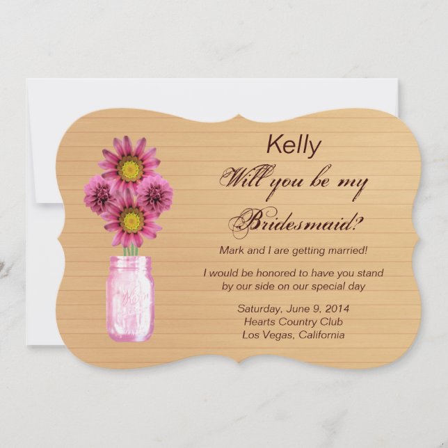 Country Rustic Pink Mason Jar Bridesmaid Card (Front)