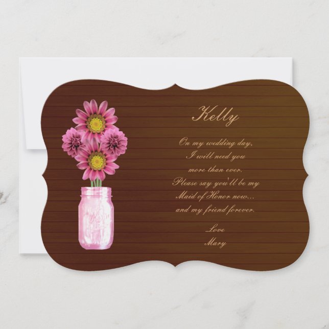 Country Rustic Pink Mason Jar Maid Of Honor Card (Front)