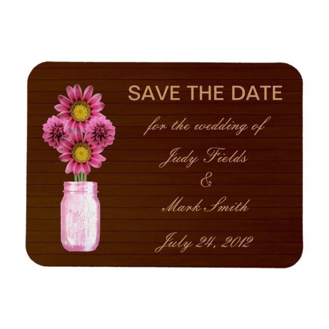 Country Rustic Pink Mason Jar Save The Date Magnet (Horizontal)