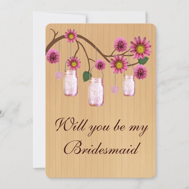 Country Rustic Pink Mason Jars Bridesmaid Card (Front)
