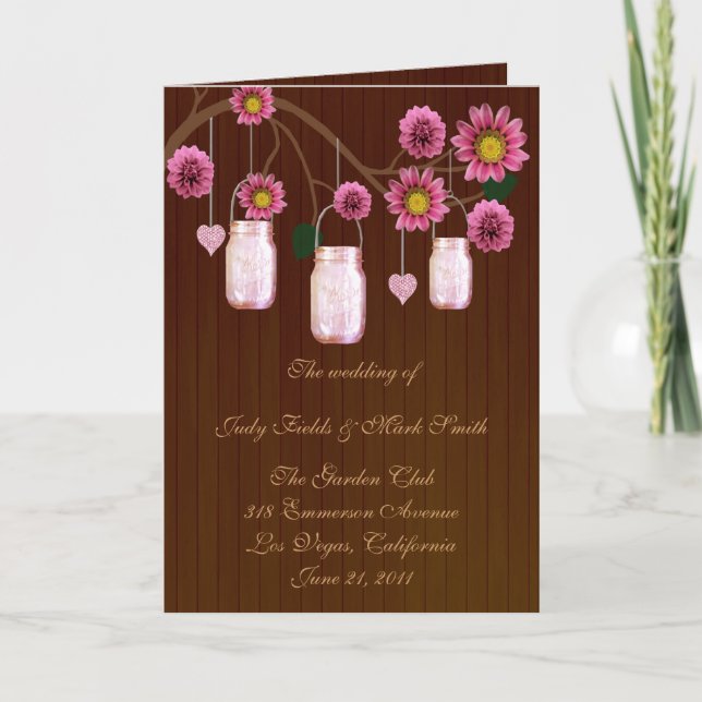 Country Rustic Pink Mason Jars Program Card (Front)
