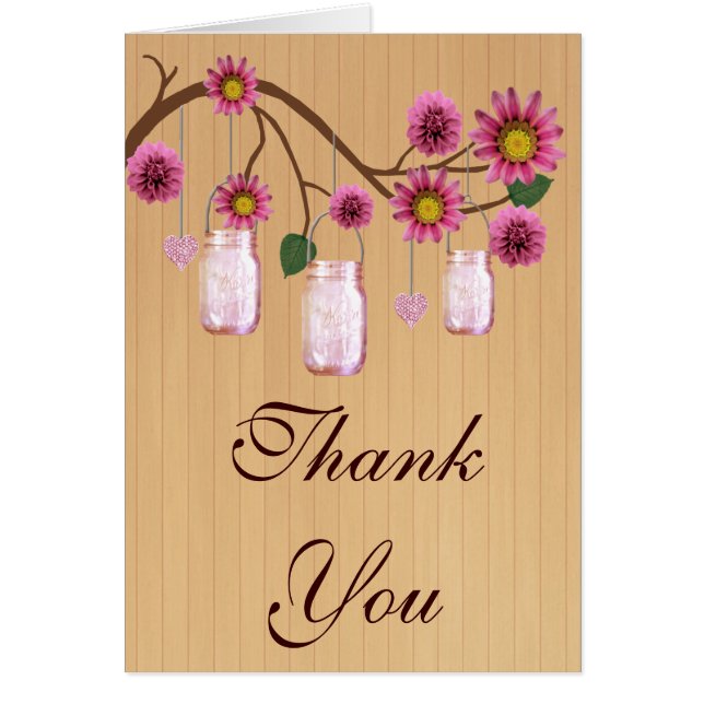 Country Rustic Pink Mason Jars Thank You Card (Front)