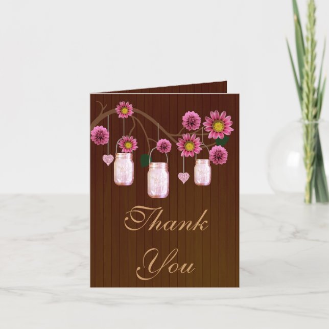 Country Rustic Pink Mason Jars Thank You Card (Front)