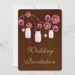 Country Rustic Pink Mason Jars Wedding Invitation