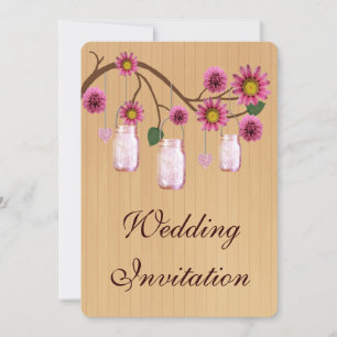 Country Rustic Pink Mason Jars Wedding Invitation