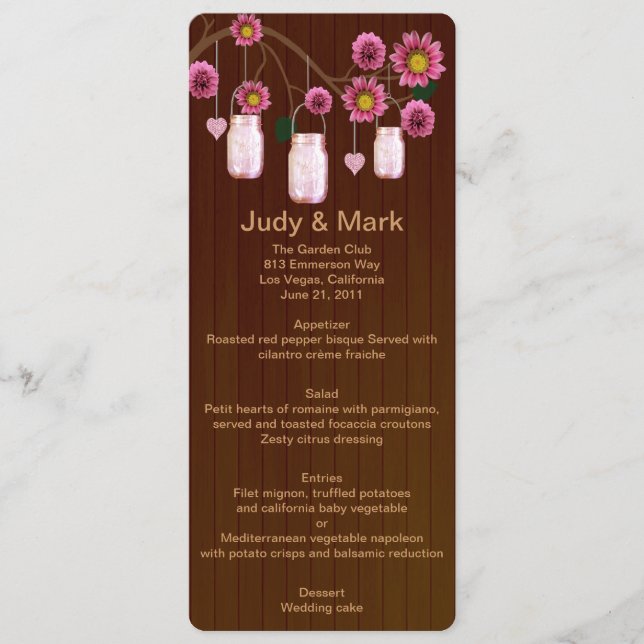 Country Rustic Pink Mason Jars Wedding Menu Card (Front)