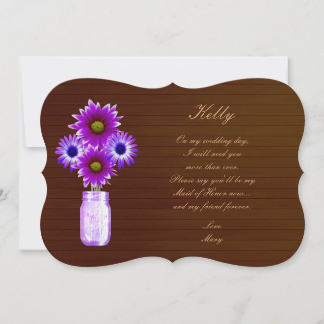 Country Rustic Purple Mason Jar Maid Of Honor Card (Front)