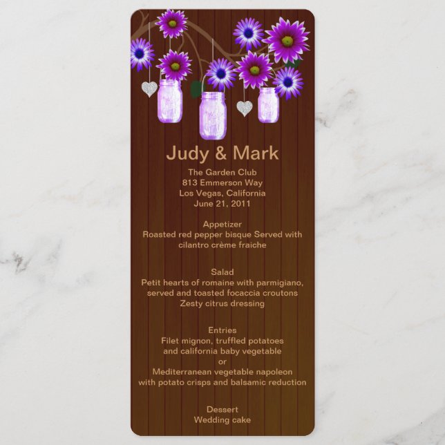 Country Rustic Purple Mason Jars Wedding Menu Card (Front)