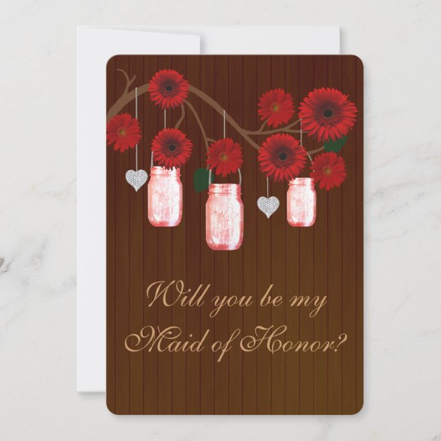 Country Rustic Red Mason Jars Maid Of Honor Card (Front)