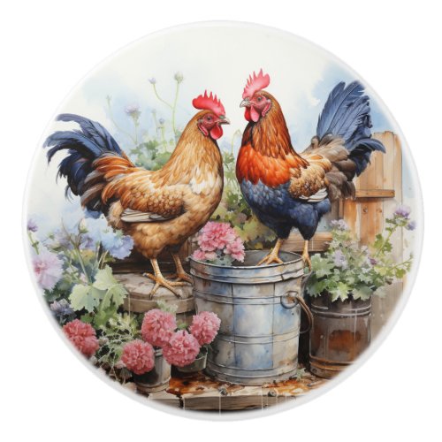 Country Rustic Rooster Hen Red Geraniums Tin Pail Ceramic Knob