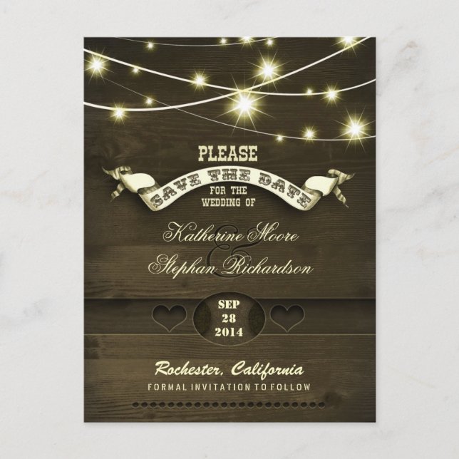 country rustic save the date with twinkle lights announcement postcard (Front)