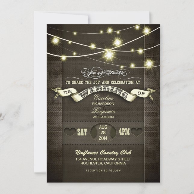 country rustic string lights burlap wedding invitation (Front)