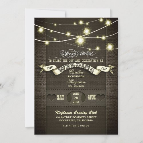 country rustic string lights burlap wedding personalized invite