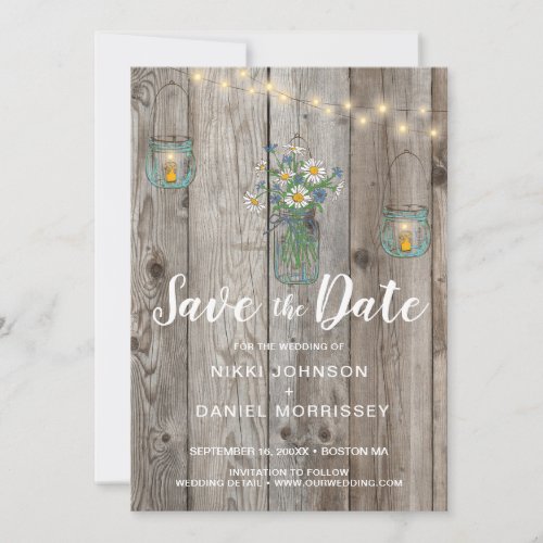 Country Rustic String Lights Jars Wildflower Photo Save The Date