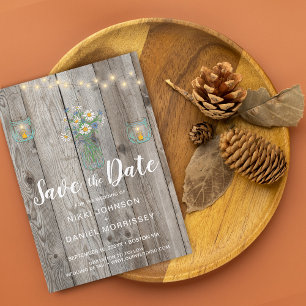 Country Rustic String Lights Jars Wildflower Wood Save The Date