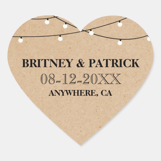 Country Rustic String Lights Wedding Favors Heart Sticker (Front)