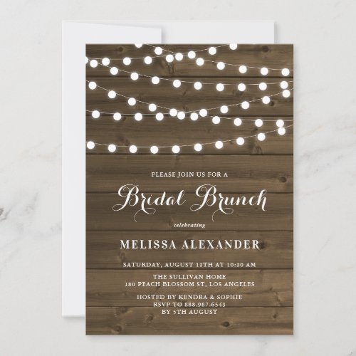 Country Rustic String Lights Wood Bridal Brunch Invitation