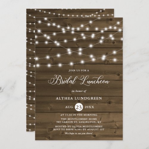 Country Rustic String Lights Wood Bridal Luncheon Invitation
