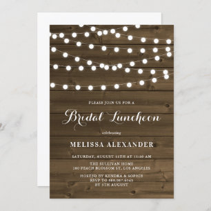 Country Rustic String Lights Wood Bridal Luncheon Invitation
