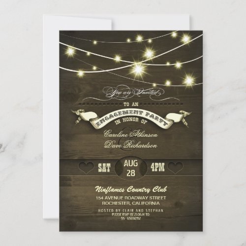 country rustic string lights wood engagement party cards