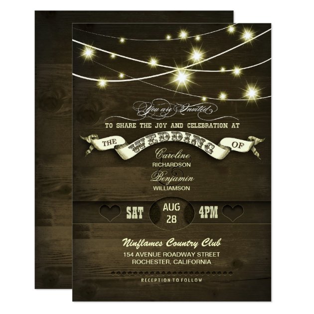 Country Rustic String Lights Wood Wedding Invitation