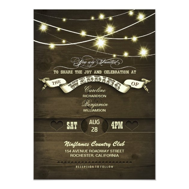 Country Rustic String Lights Wood Wedding Invitation