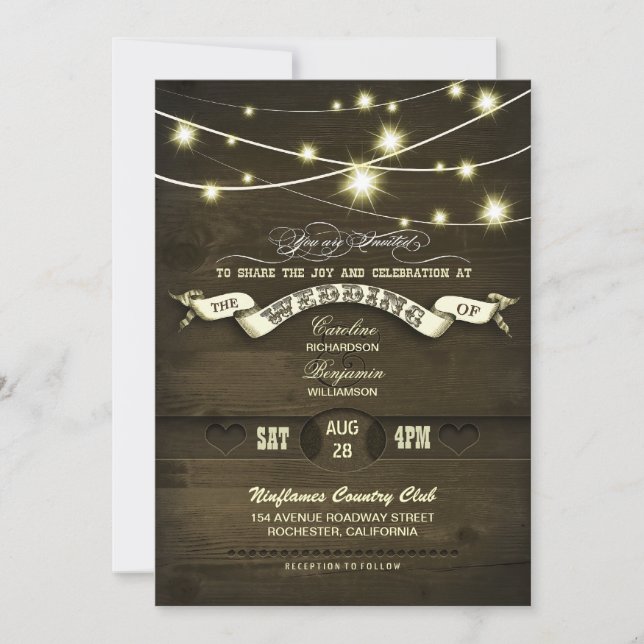 country rustic string lights wood wedding invitation (Front)