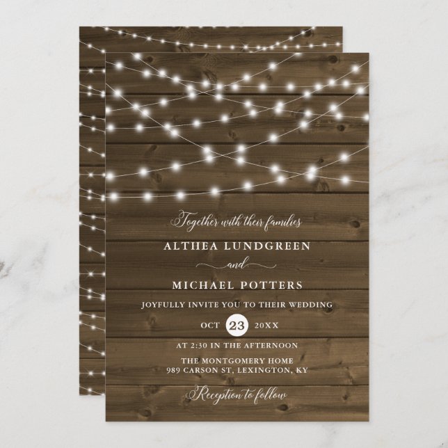 Country Rustic String Lights Wood Wedding Invitation (Front/Back)