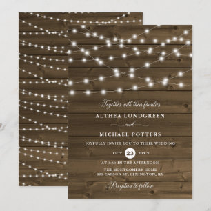 Country Rustic String Lights Wood Wedding Invitation