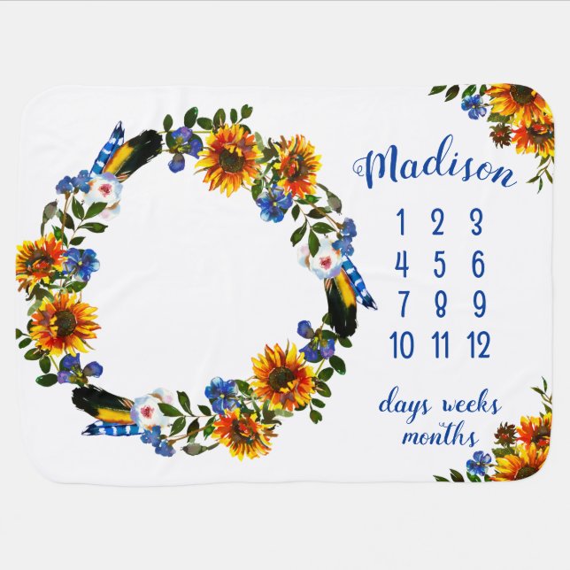 Country Rustic Sunfloral Milestone Baby Blanket (Horizontal)