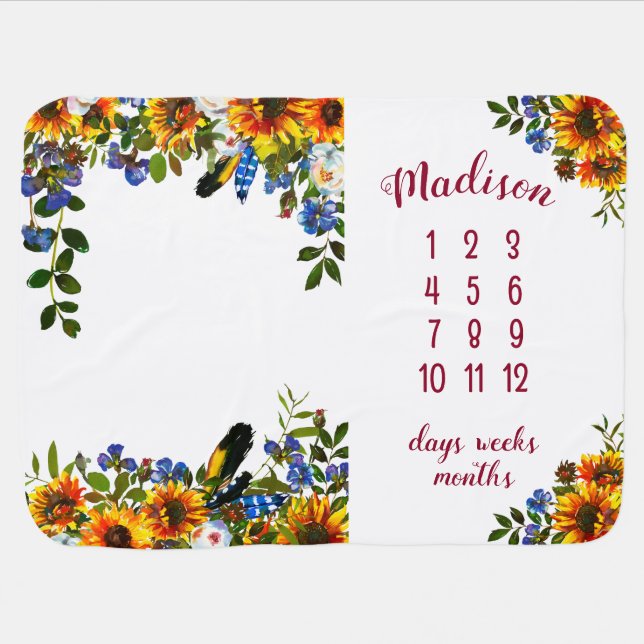 Country Rustic Sunfloral Milestone Baby Blanket (Horizontal)