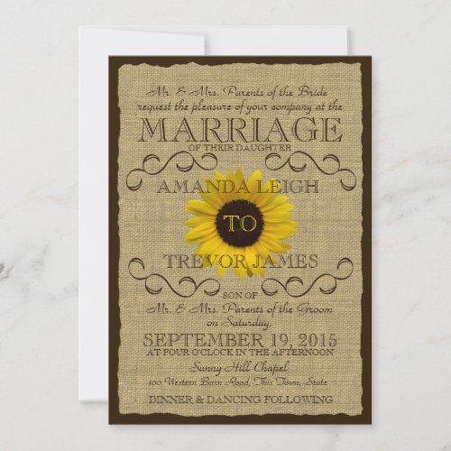 Country Rustic Sunflower and Burlap Wedding Invitation