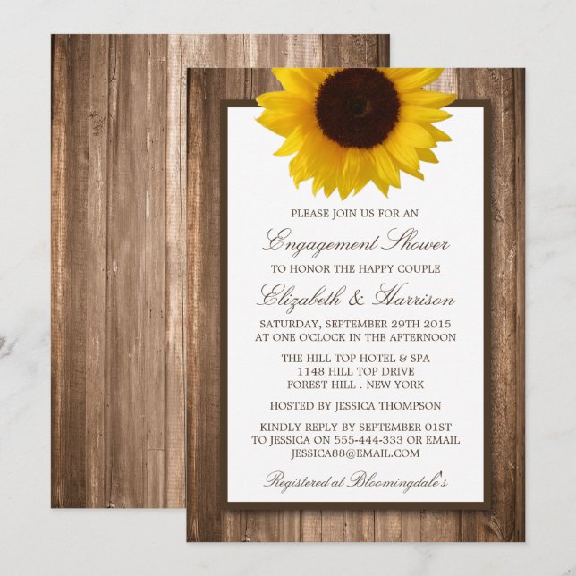 Country Rustic Sunflower Brown Wood Engagement Invitation (Front/Back)