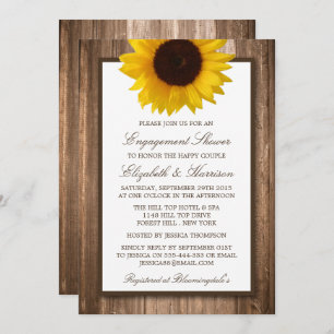 Country Rustic Sunflower Brown Wood Engagement Invitation