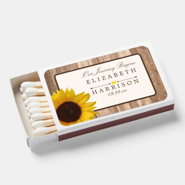 Country Rustic Sunflower, Brown Wood Matchboxes (Front Open)