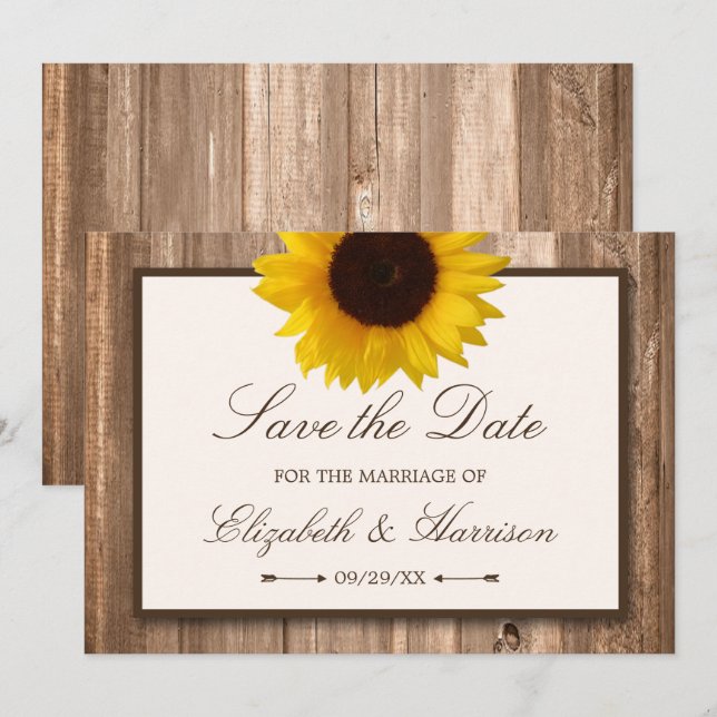 Country Rustic Sunflower, Brown Wood Save The Date (Front/Back)
