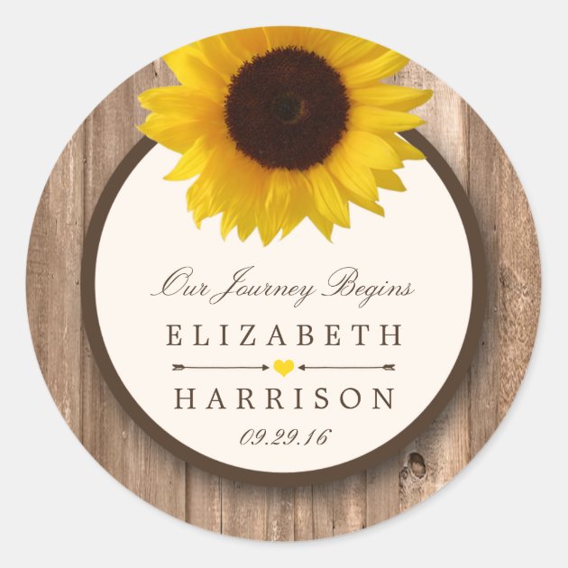 Country Rustic Sunflower & Brown Wood Wedding Classic Round Sticker