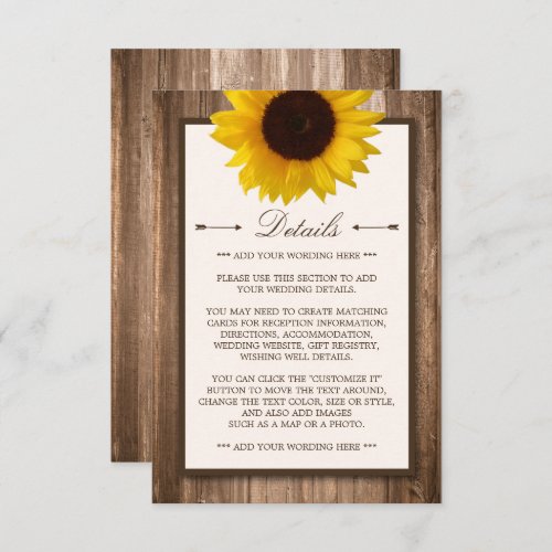 Country Rustic Sunflower  Brown Wood Wedding Enclosure Card